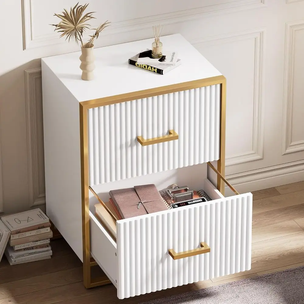 Vertical 2-Drawer Modern File Cabinet with Printer Stand, Home Office Storage in Gold and White