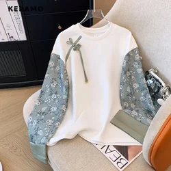 Women's Casual Vintage Long Sleeve Floral Patchwork Sweatshirts 2024 Winter Chinese Style Round Neck Female Fashion Loose Top