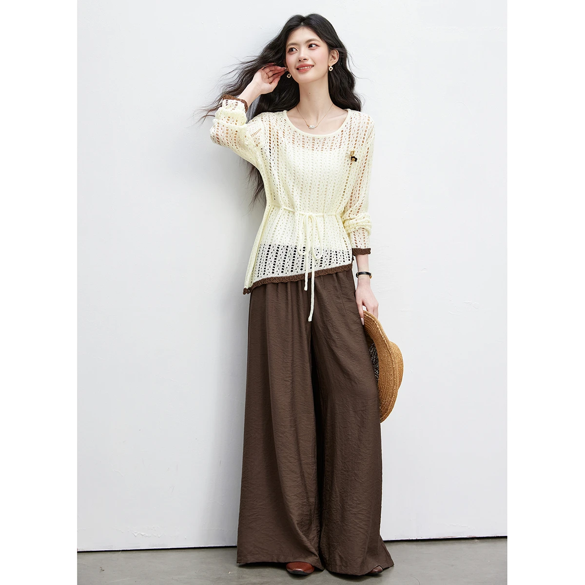 VIMLY Color Block Casual Two-piece Set for Women 2026 Autumn New Hollow-out Knit Pullover Wide-leg Baggy Pants Outfit 30627