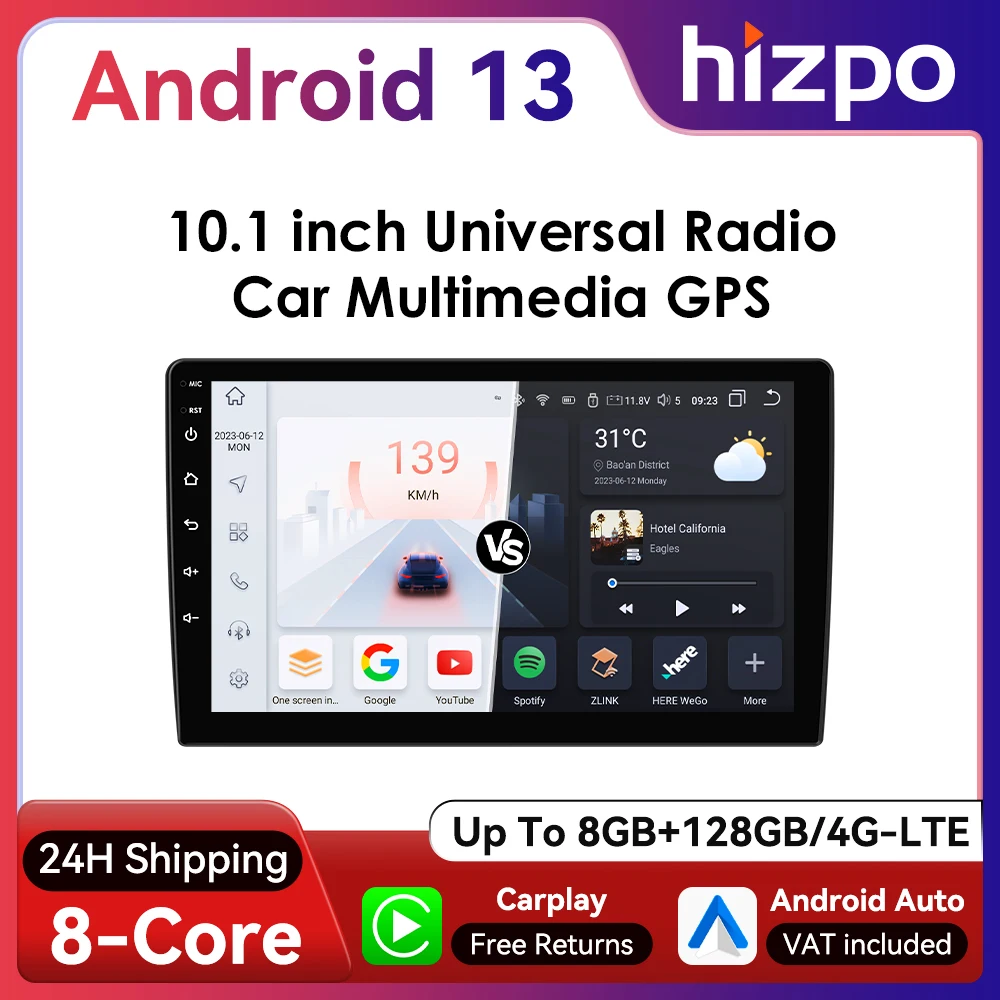 Hizpo 10.1inch 2Din Universal Android13 Car Radio Headunit Intelligent Multimedia CarPlay 4G BT GPS Navigation UI7862 UI8581