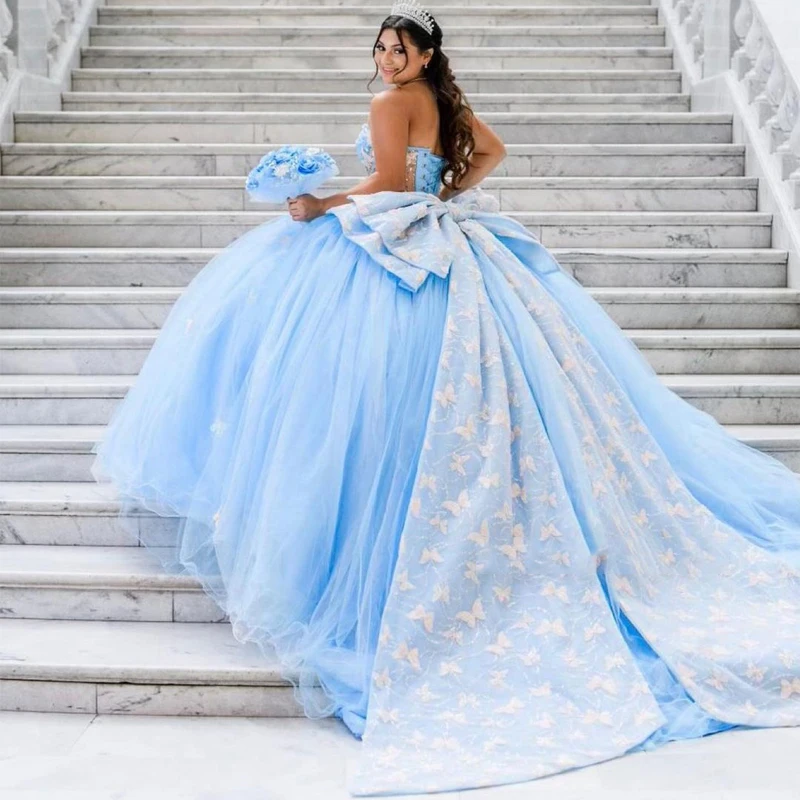 تخصيص الأزرق ثلاثية الأبعاد فراشة قبالة الكتف مشد Quinceanera فستان الكرة ثوب القوس زين الحلو 16 Vestidos De 15 Años YQD298