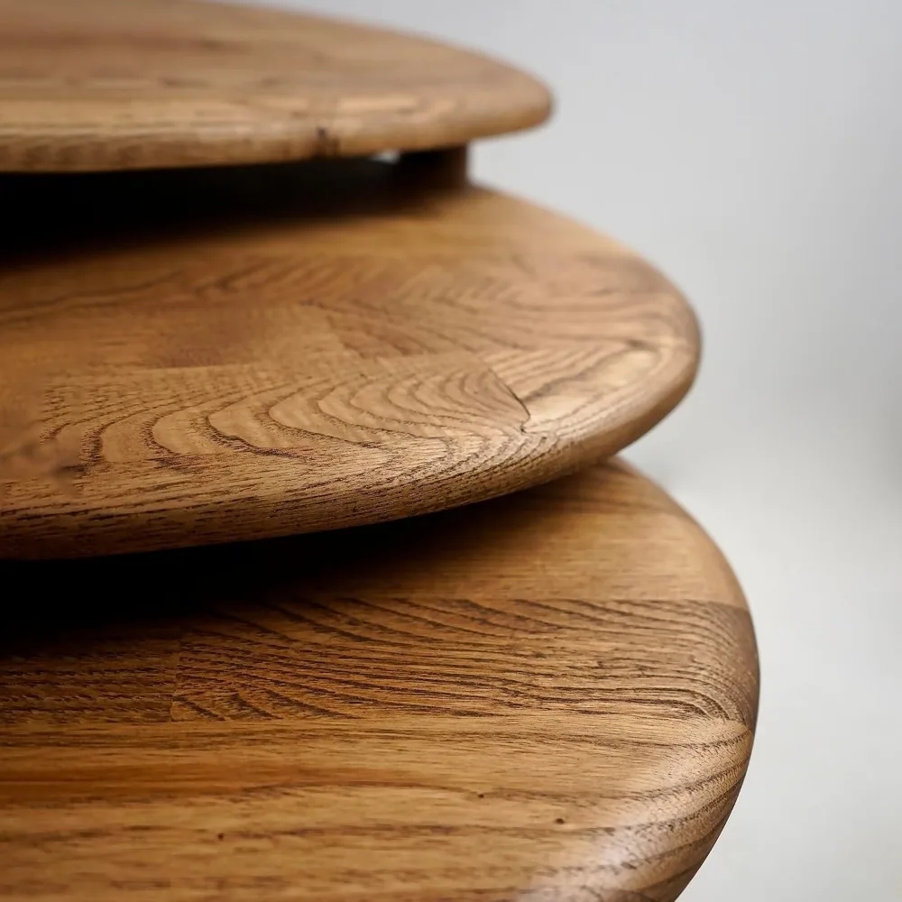 Mid Century-Inspired Chestnut Solid Nesting Tables Trio with Tapered Wooden Legs - Retro Wooden Home Furniture