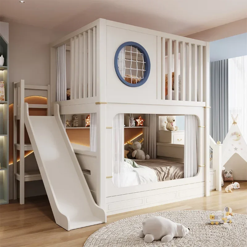 Modern Luxury Kids Bunk Bed - Twin Over Twin High Guardrail - Storage Drawers for Boys & Girls