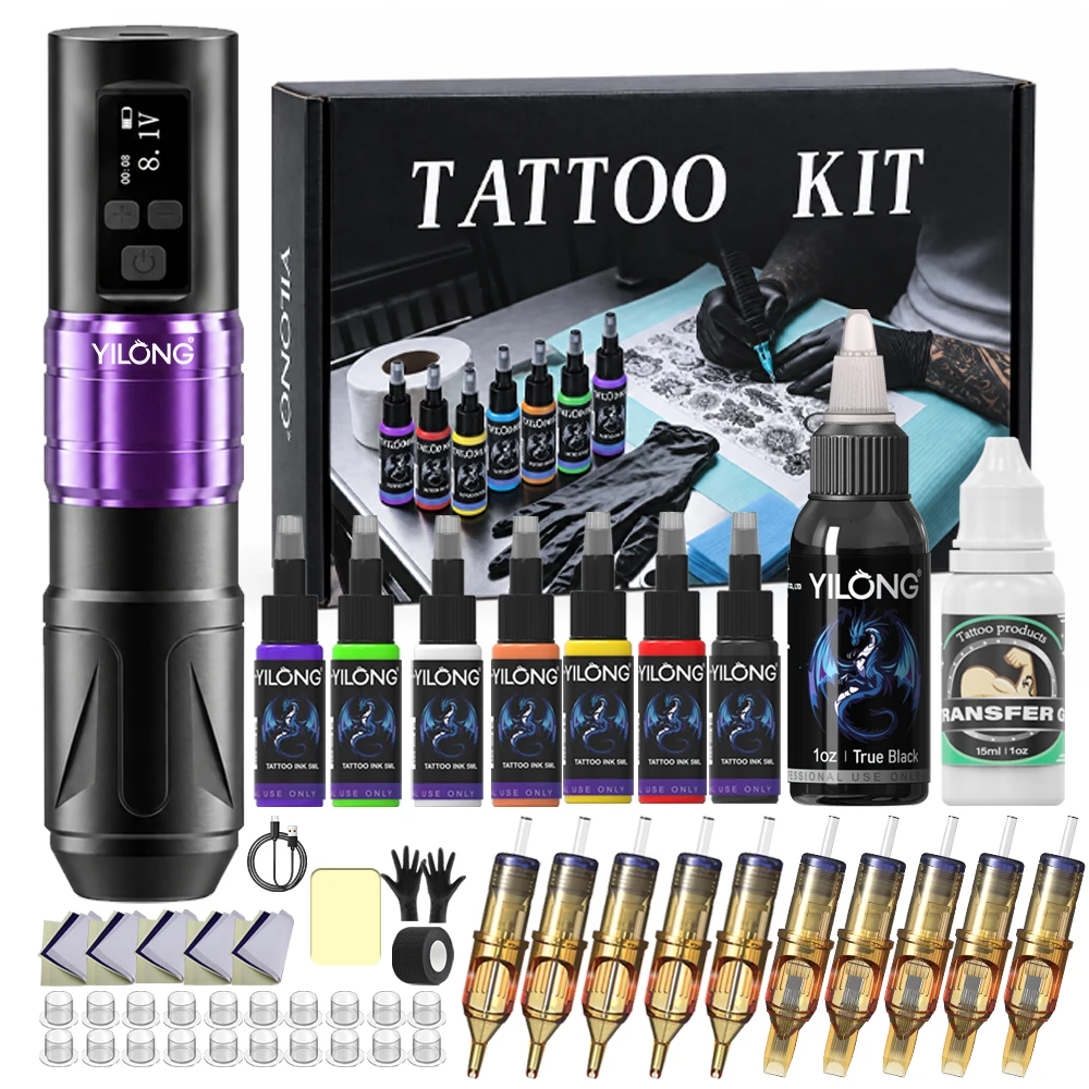 YILONG Aluminum Alloy Wireless Complete Rotary Tattoo Machine Kit, 7Hour Battery Life, 10 Cartridge Needles, 7 Ink, Extra 30ML Black Ink, 15ML Tattoo Transfer Gel, Portable Purple Tattoo Pen Kit For Beginners And Artists, Body Art Makeup Gift