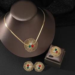 2023 New Stainless steel romantic flower Colored zircon rings necklaces stud earrings Jewelry set for women Fashion Party gifts