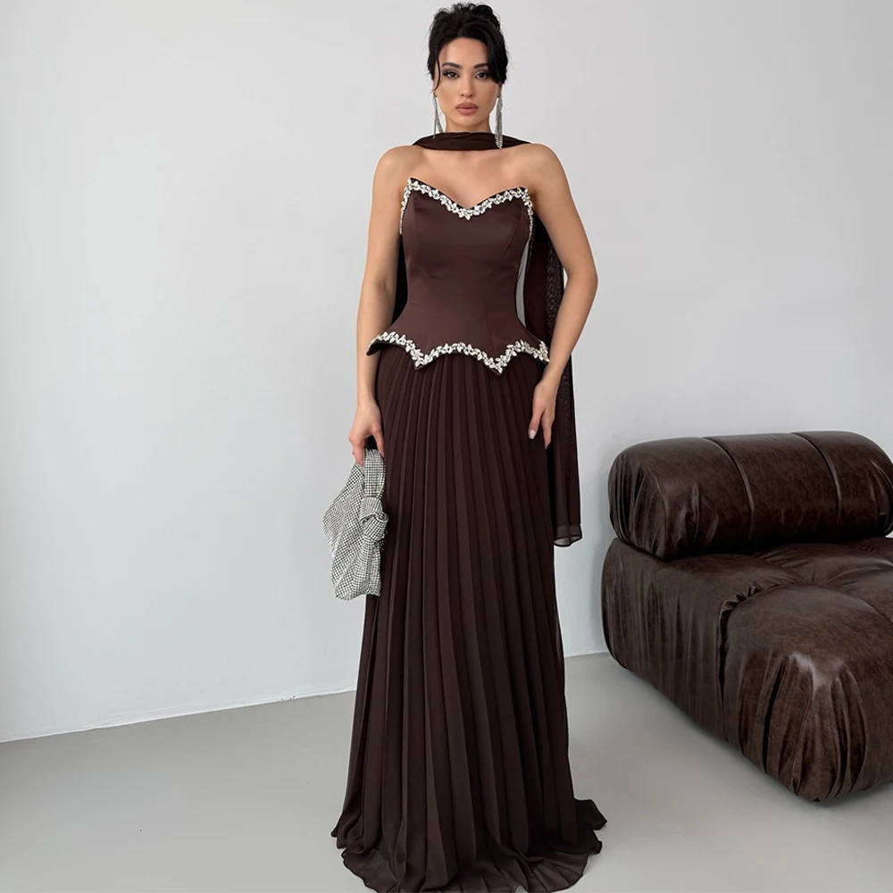 

Simple Strapless Chiffon Customized Evening Dress Soft Sweep Train Prom Dresses Fashion Sleeveless Bespoke Occasion Gowns