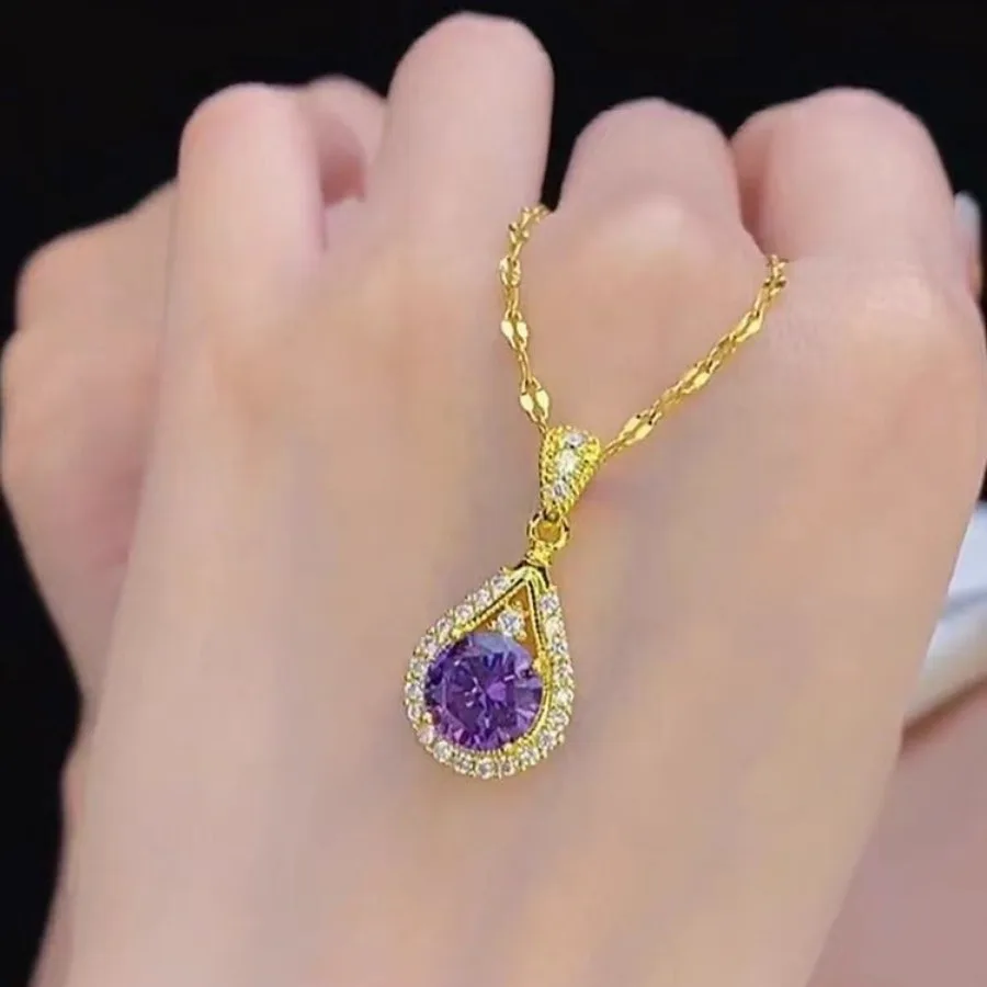 Dreamy Violet Water Drop Pendant Necklace for Women, Elegant and Light Luxury Niche Design
