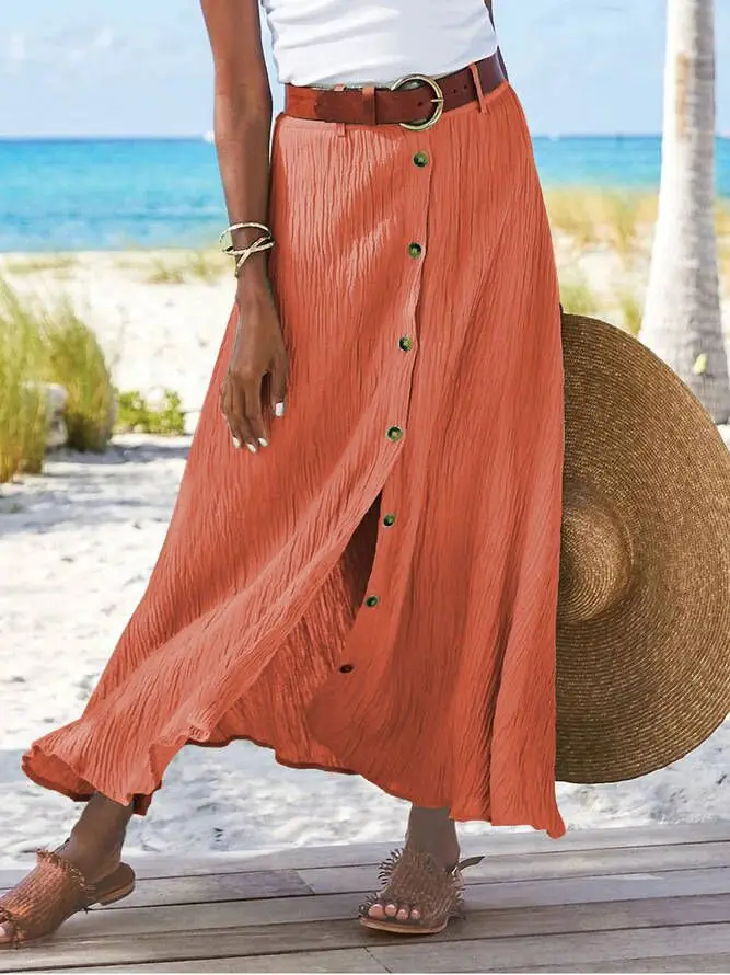 Summer Fashion Button Solid Color Half-body Skirt Half-body Skirt Split A-line Package Hip Mid-waist Long Skirt