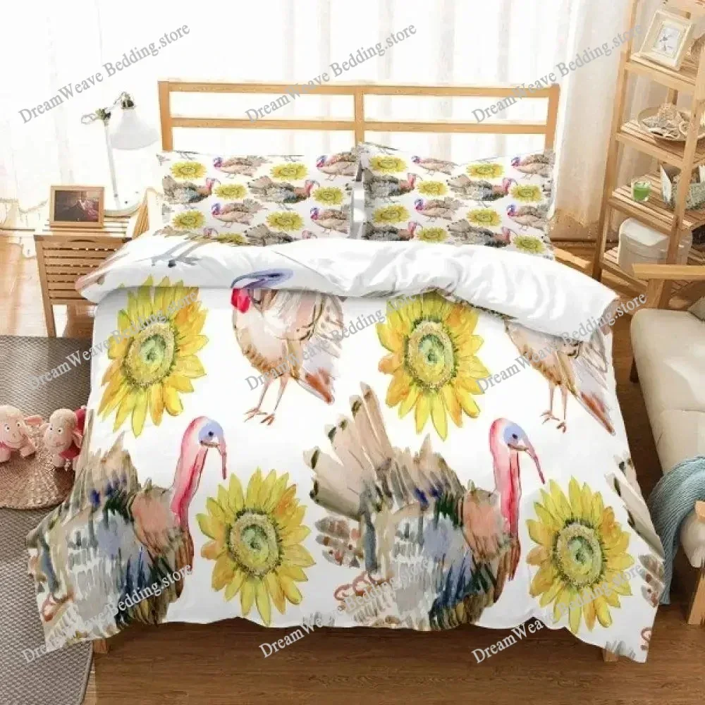 Chicken Duvet Cover King Queen Size Watercolor Rooster Bedding Set for Boys Teens Adults Farm Animal Polyester Comforter Cover