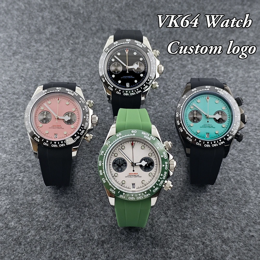 New VK64 Customized Logo Watch 39mm Men's High Quality Stainless Steel Watch Rubber Strap VK64 Movement Watch