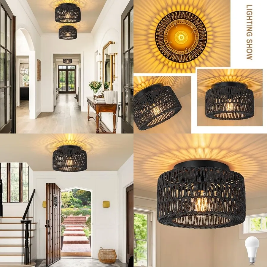 

Rattan Ceiling Light Fixtures 12-Inch, LED Bulb Included,Hand-Woven Boho Flush Mount Ceiling Light, Rattan Chandelier for Hallw