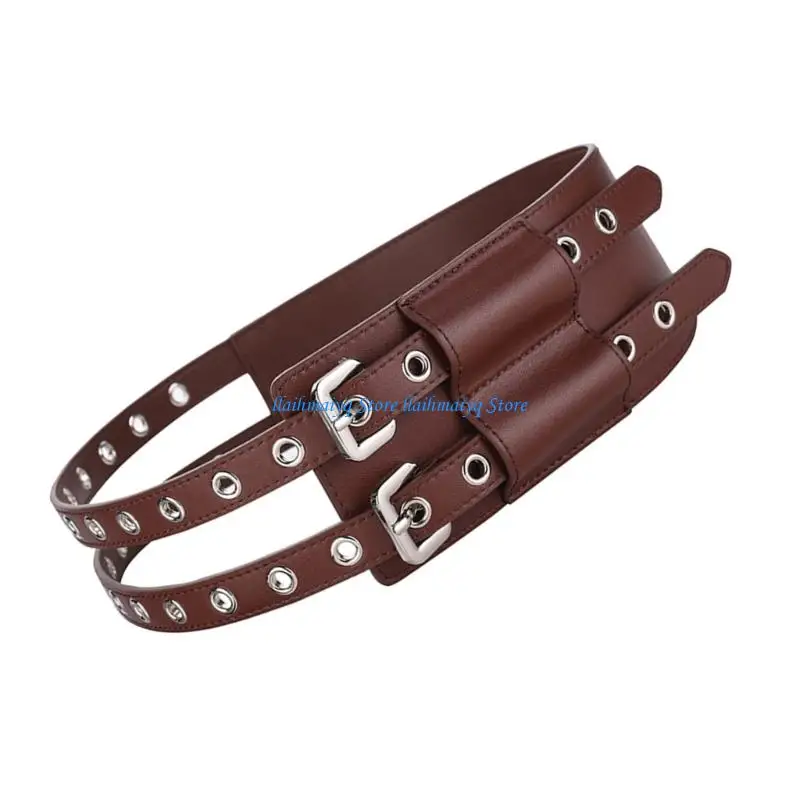 573B Cowhides Leather Waist Belt With Pin Buckles Closure Large Eyelet Corset Band for Women Dress Coat Outwear Accessories