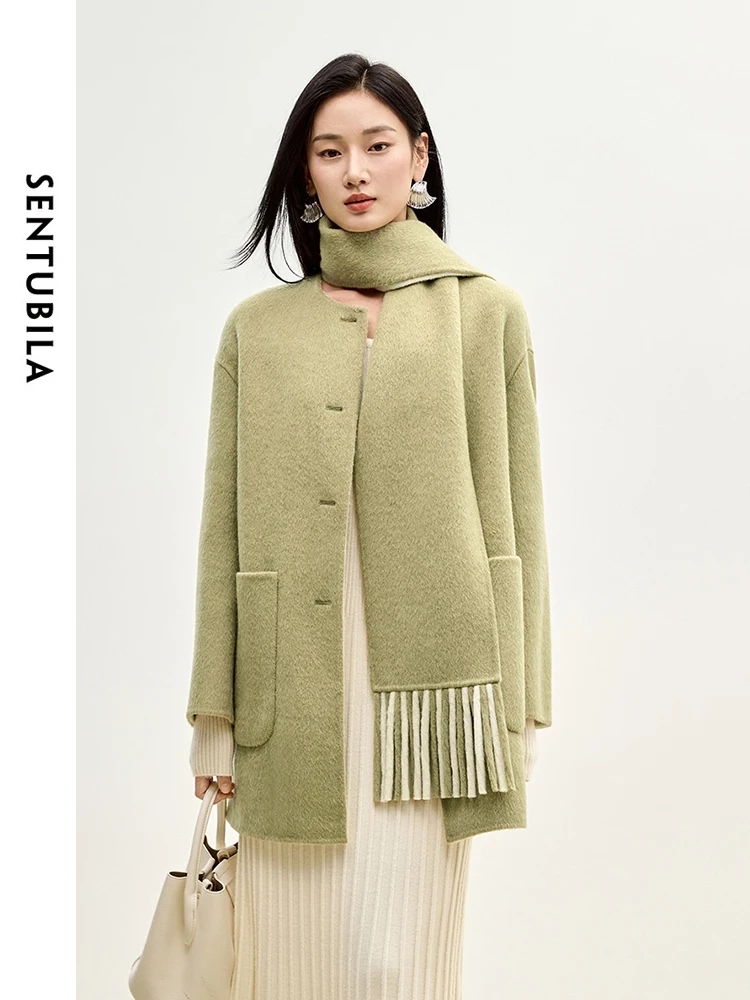 

SENTUBILA 100% Wool Double Sided Woolen Coat 2024 Winter U Patch Pocket Tassel Scarf Single Breasted Elegant Coats W44O55981