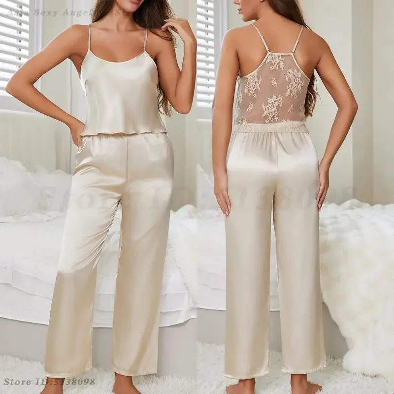 

Новые летние женские пижамы из 2 предметов, топ на подтяжках и брюки, ночная рубашка, сексуальная перспективная кружевная одежда для сна с открытой спиной, атласная домашняя одежда