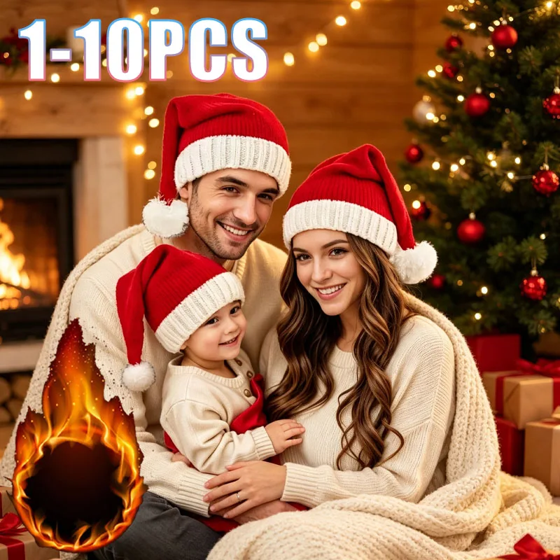 1-0PCS Christmas Family Matching Pom Pom Beanie Hat Soft Knit Winter Warm Cap for Women Men Kids Holiday Party Gift Set