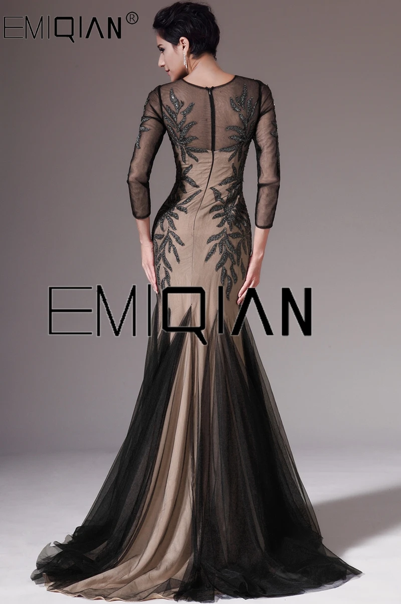 Long Sleeves Mermaid Evening Dress with Leaves O Neck Sweep Train Black Tulle Champagne Lining Evening Gowns