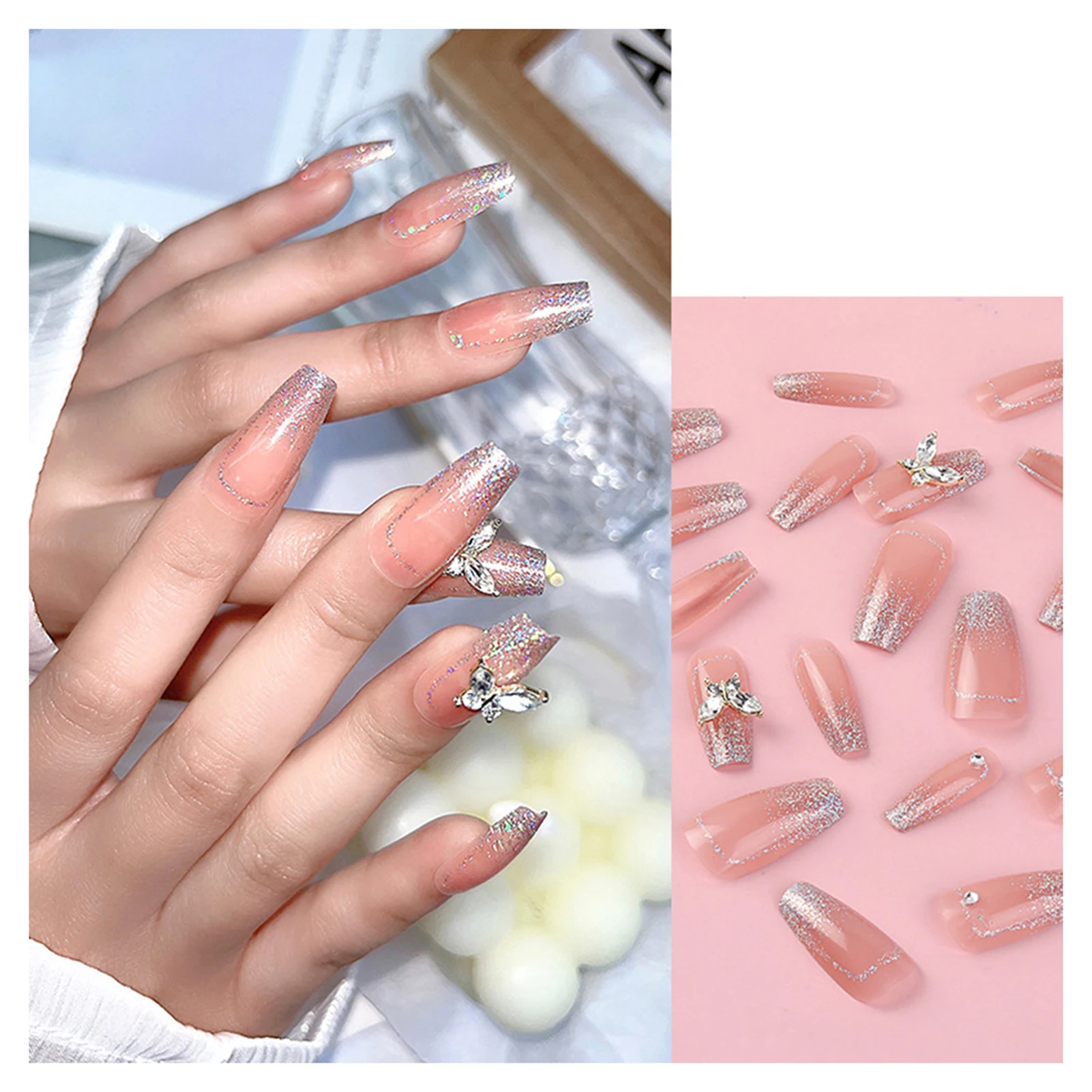 24PCs French Press on Nails Glitter Pearl Bows Acrylic Fake Nails Detachable Reusable Bow-tie wearable artificial finger patch