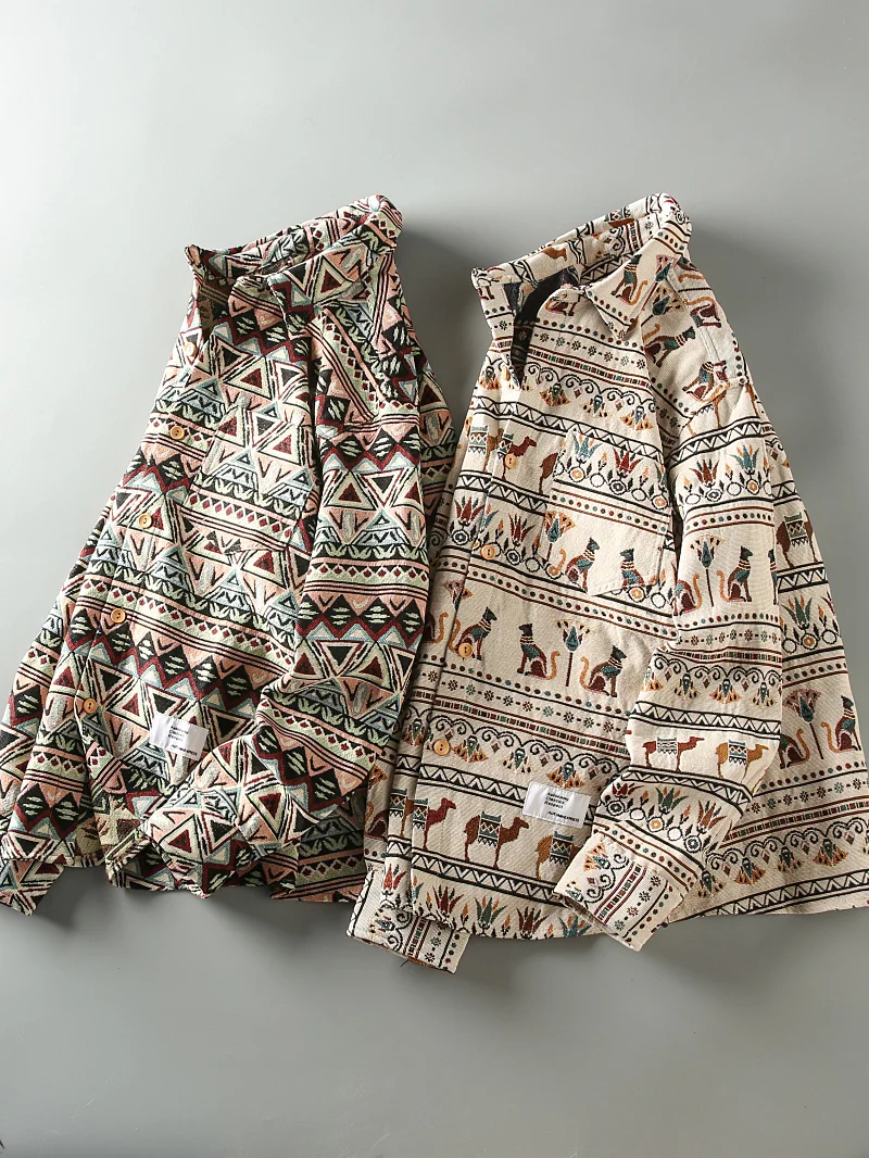 

Autumn Winter Thiened Casual Collar Men's irt Geometric Patterned Japanese Retro Sle Faionable Outerwear Coat