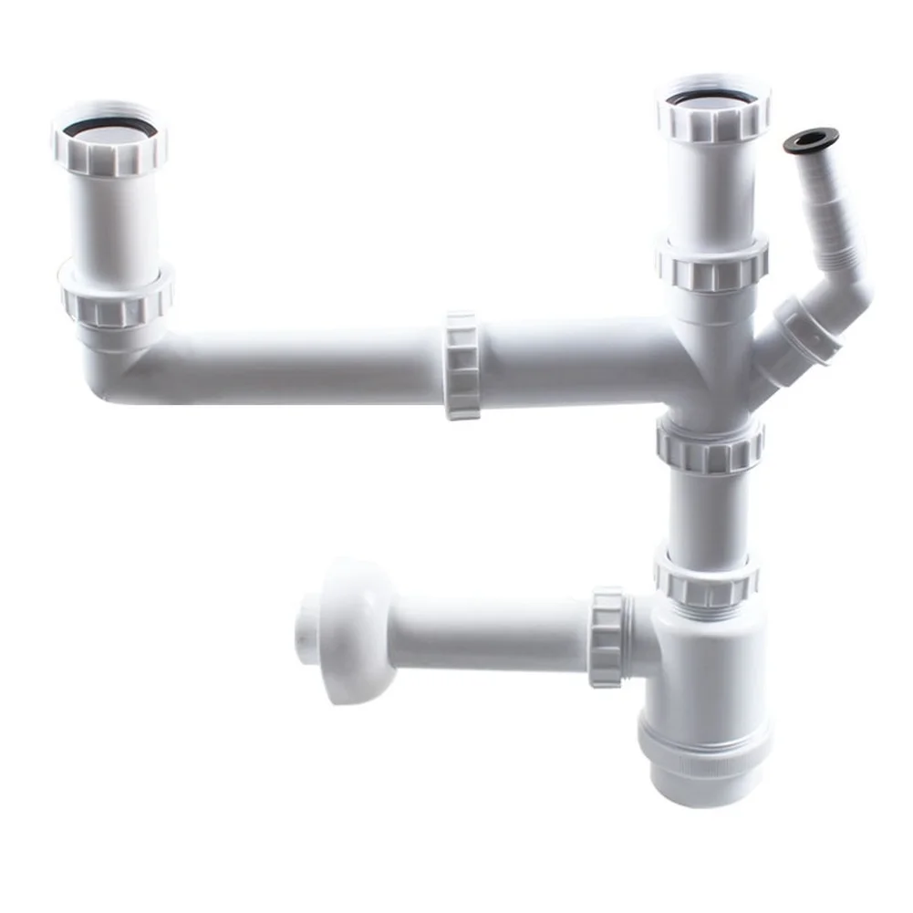 Wall Mounted Sink Drain Pipe with Dual Outlet and U Bend Water Seal Trap to Block Sewer Gases Constructed from PP
