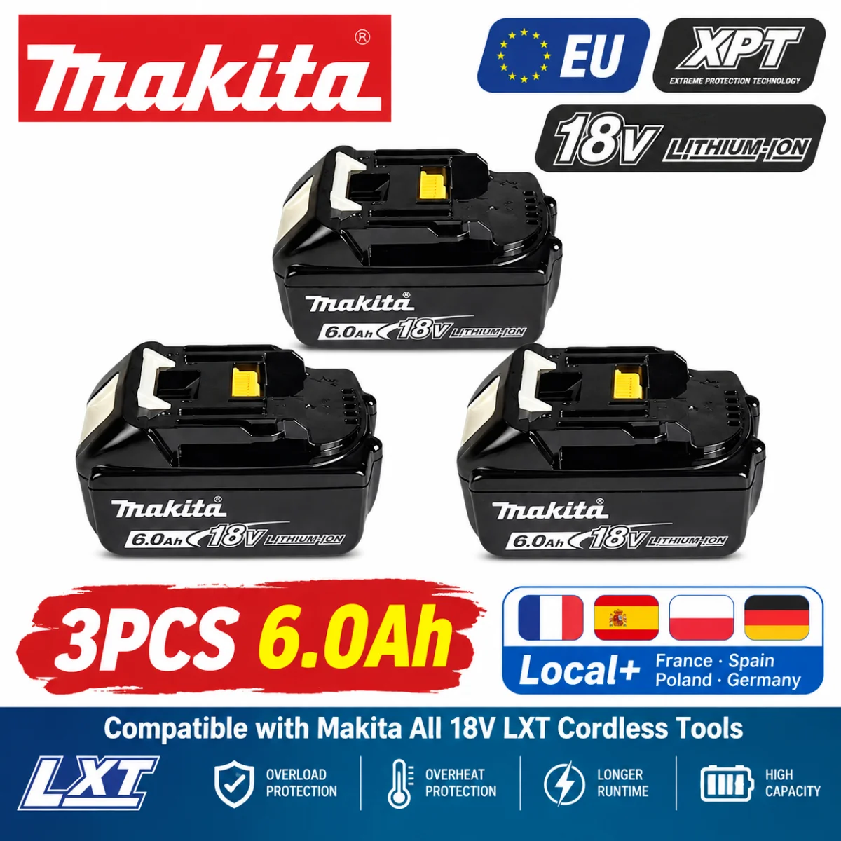 Batteria di ricambio originale al 100% Makita 6.0Ah 18V agli ioni di litio, modelli Bl1830B, Bl1840, Bl1850, Bl1850B, Bl1860, Bl1815, batteria ricaricabile per utensili elettrici Makita 18V Lxt.