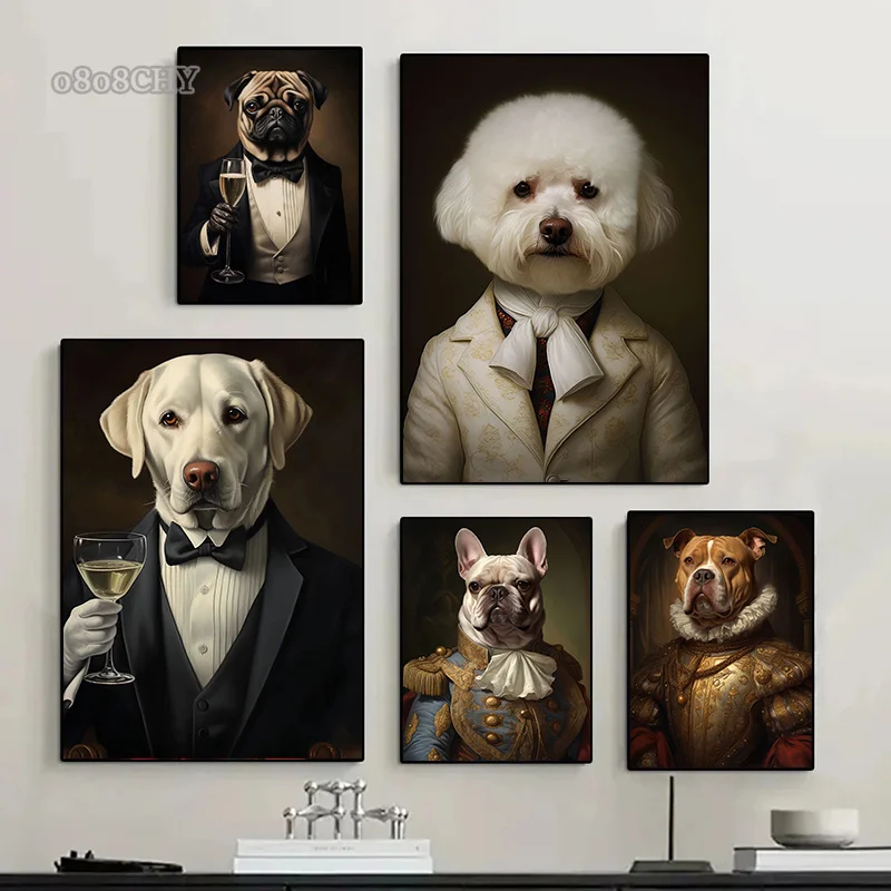 Animal Dog Portrait Art Canvas Painting Dog Dressed King Funny Posters and Prints Wall Art Pictures for Home Living Room Decor