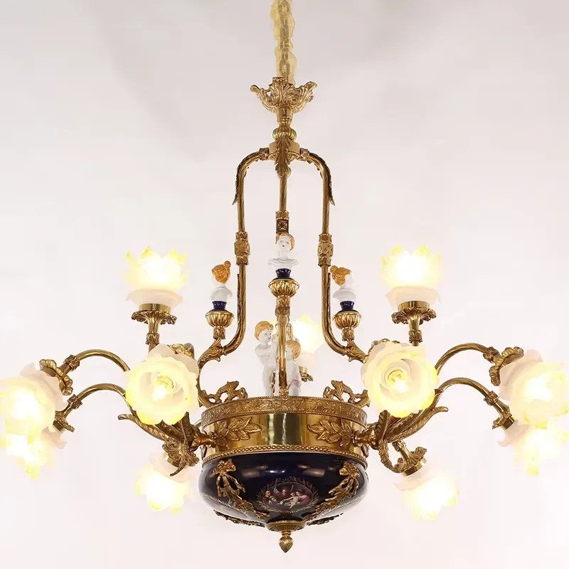 French Style Ceramic Chandelier Porcelain Figures Rose Flower Shades 6 Lights LED 2700K Universal Voltage 34kg