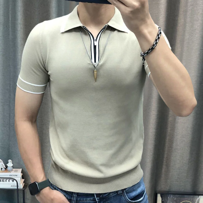 Summer Zipper Knit Lapel T-shirt Polo British Contrasting Stripes Casual Slim Lapel Polo Men's Shirt Mannen Polo  Camisa Hombre