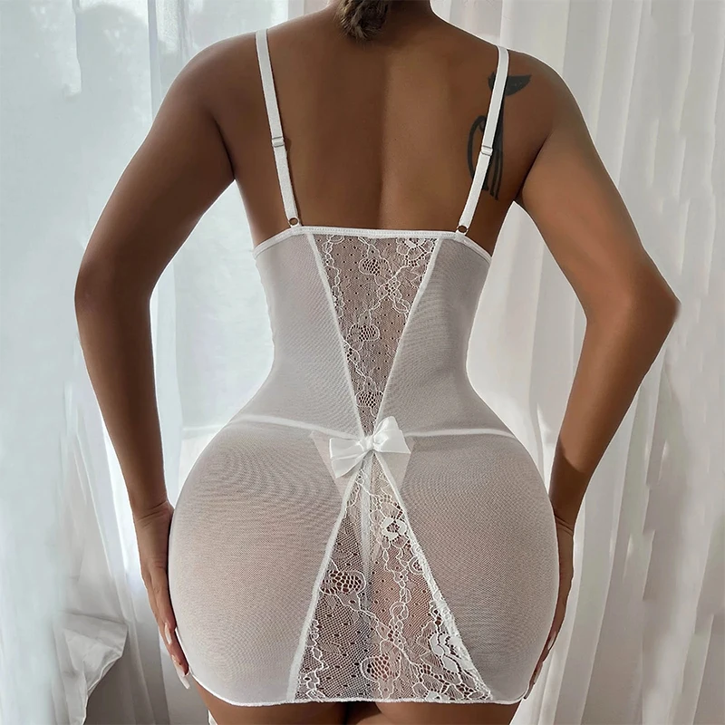 Sexy Lace See Through Sling Nightdress Erotic Garter Leg Rings Deep V Tight Pajamas Woman Sex Lingerie Shop Plus Size Babydoll