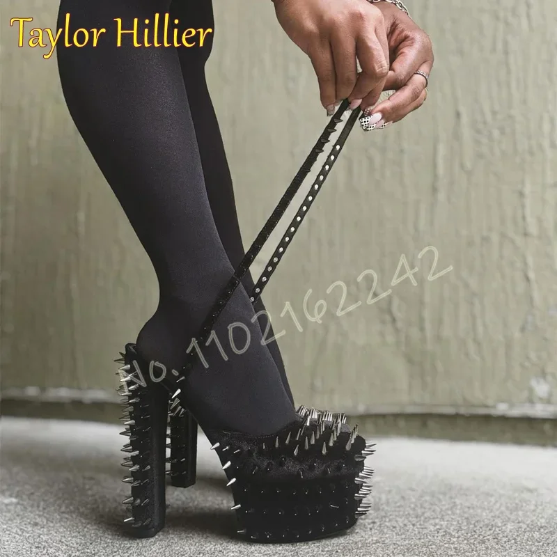 

Весенние черные замшевые туфли на платформе с заклепками и круглой головкой, толстые каблуки с перекрестными ремешками, сексуальные вечерние туфли-лодочки в стиле панк, женские осенние туфли на высоком каблуке