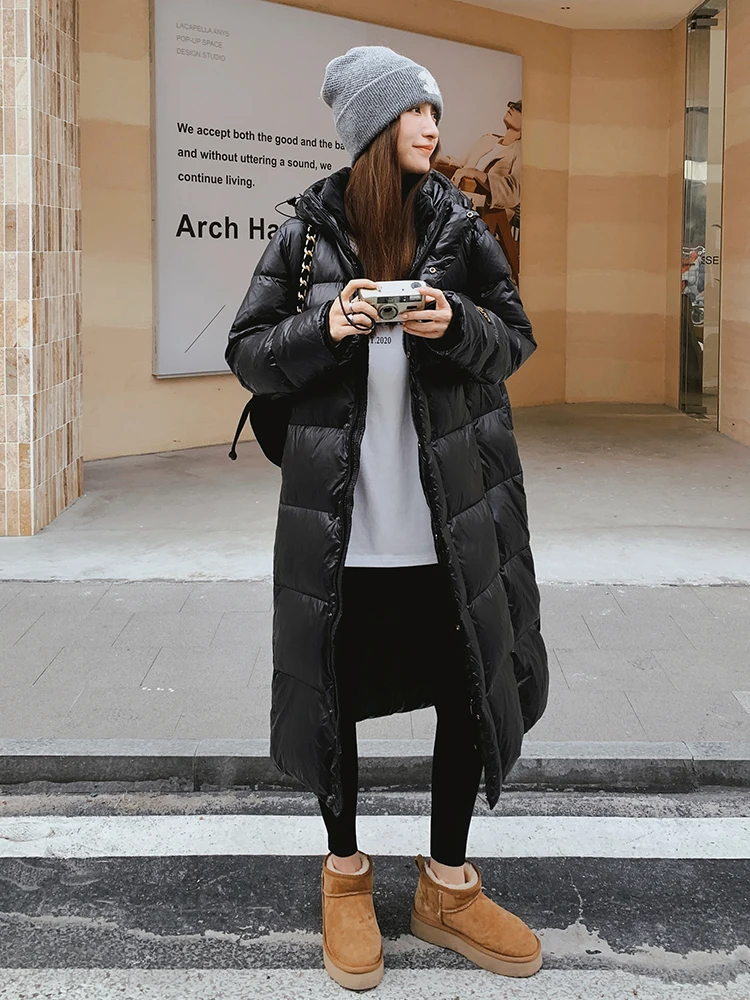 เสื้อโค้ทขนเป็ดสีขาวสำหรับผู้หญิง รุ่น Thiened ยาวพิเศษ สไตล์เกาหลี สำหรับฤดูหนาว ยี่ห้อ Ele Bla Gold down Jaet