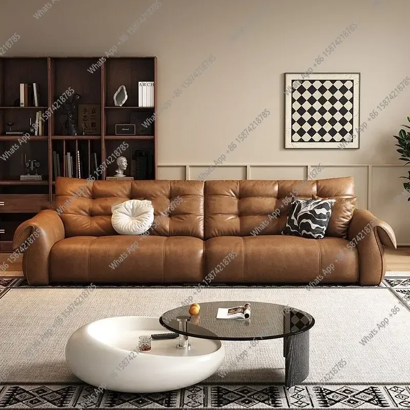 N49 J American Retro Style Oil Wax Leather Little Swan Sofa Straight Row Living Room Sofa Simple First Layer Cowhide Big Seat De