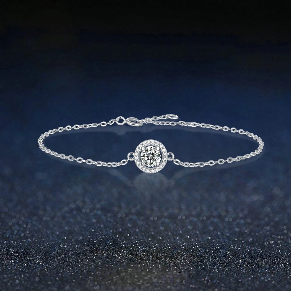 

0.5CT Halo Round Moissanite Bracelet for Women D Color Diamond Bracelet with GRA 925 Sterling Silver Chain for Her-ForeverLove