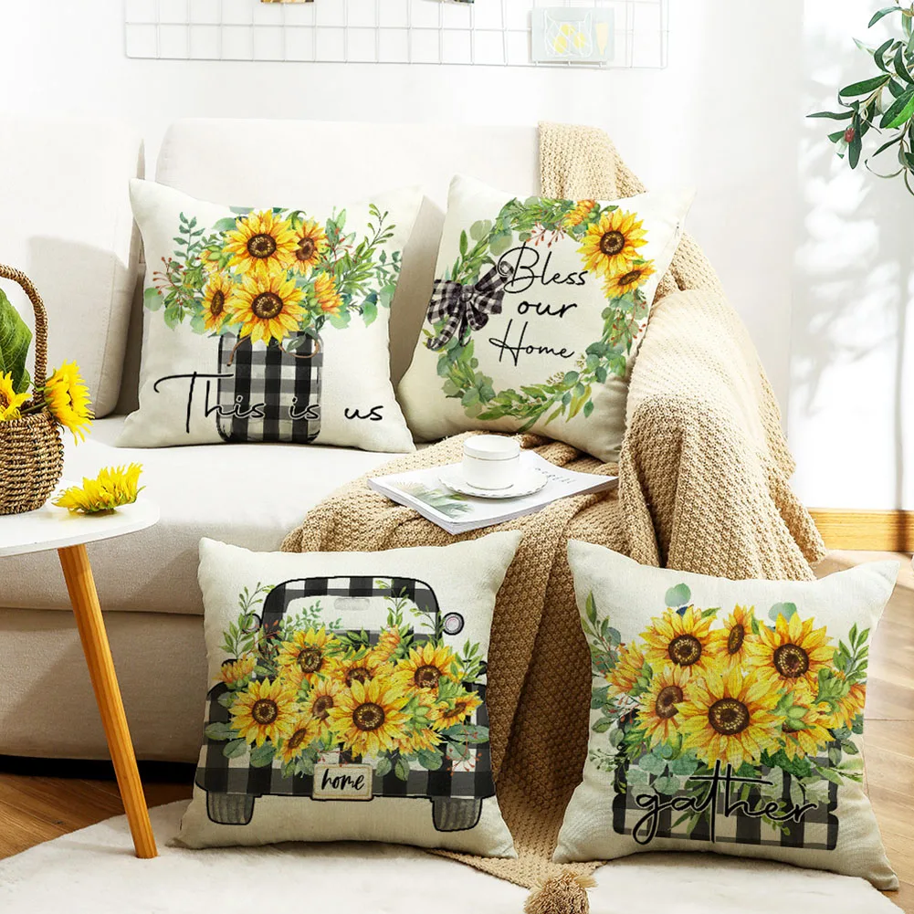 4pcs 18x18 Inch Pillow Cover Summer Sunflower Printing Linen Throw Pillow Case Home Decoration For Sofa