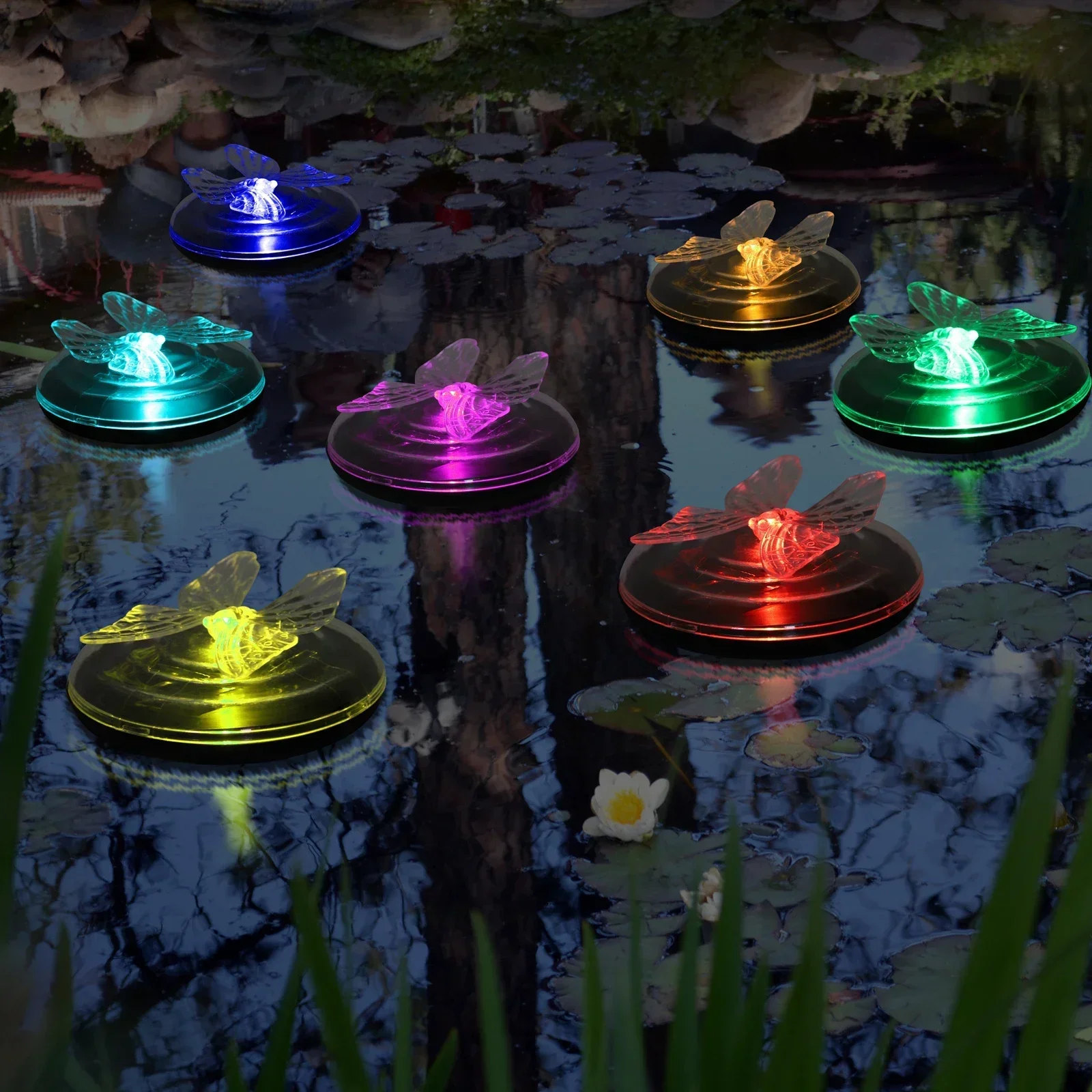 10x10cm Solar Powered Pond Floating Lights, Butterfly & Dragonfly 7 Color LED for Outdoor Pool & Pond Decoration