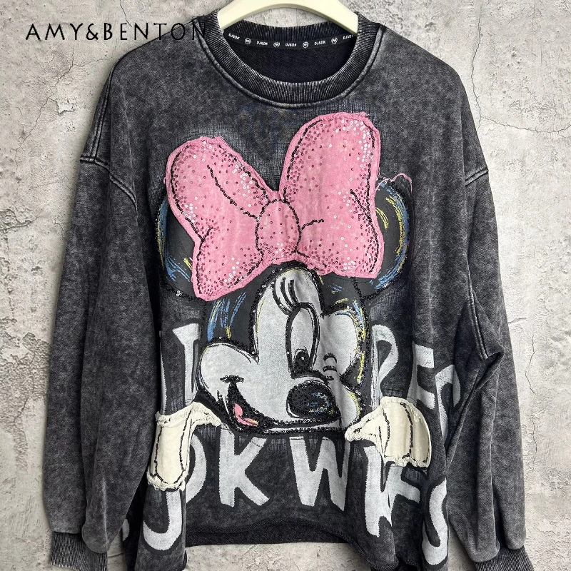 Heavy Embroidery Cartoon Age-Reducing Loose Pullover Sweatshirt Long Sleeves Coat Women's 2025 Autumn Winter New O-neck Hoodies