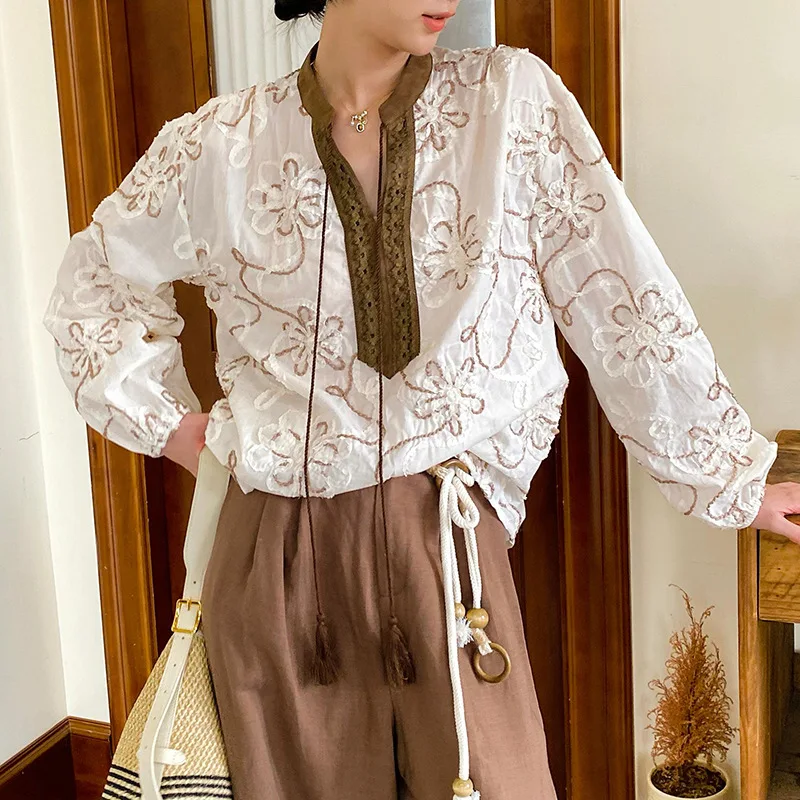 Autunno lungo Sve ricamato da donna irt vestibilità ampia artistica Sle cotone Bubble Sve Top Faion Design Sense Camicetta