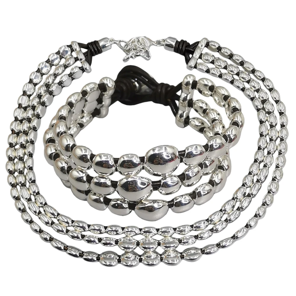 2025 autumn heavy industry neutral multi-layer silver round bead earrings necklace couple holiday accessories gift