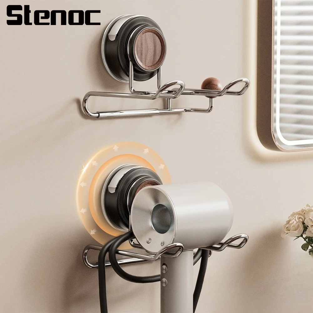 White Suction Cup Hair Dryer Holder Removable Black Wood Grain Stainless Steel Hair Dryer Storage Hanger Bathroom Accessories