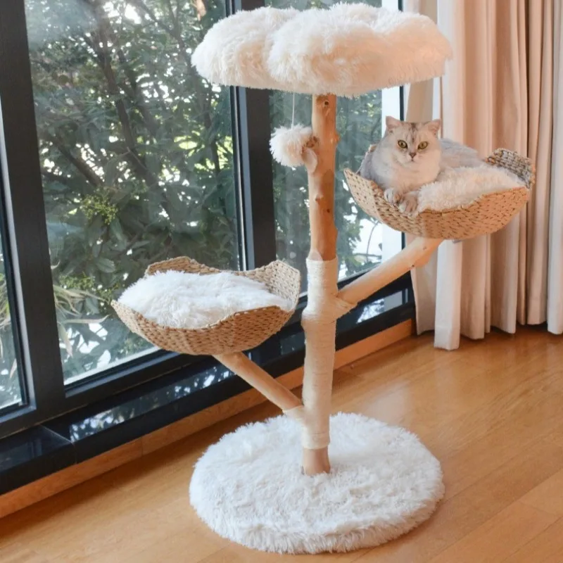 Solid Wood Cat Climbing Rack Natural Handmade Rattan Cats Nest Multifunction Wear-resistant Cat Scratching Post Cats Accessories