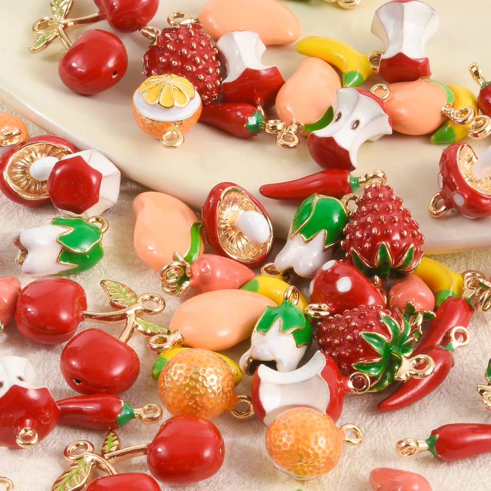 

10/12Pcs Trendy 3D Enamel Fruit Strawberry Mango Banana Orange Charms Jewelry Vegetables Mushroom Red Pepper Pendant Making Bulk