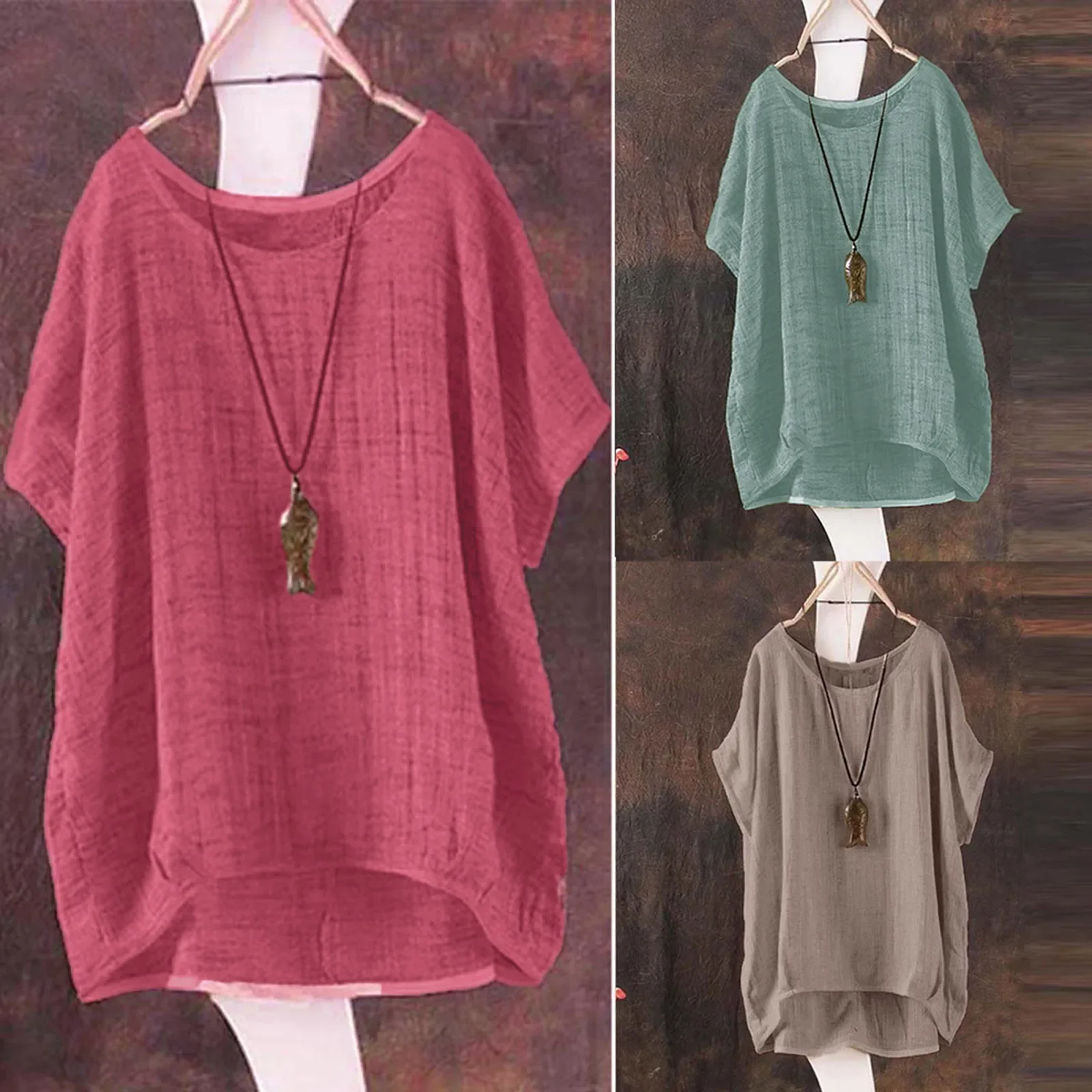 Summer Cotton Linen Blouse Women's Shirt Solid Colour Round Neck Casual Shirt Blouse Loose Versatile Short Sleeve Shirt Blouse