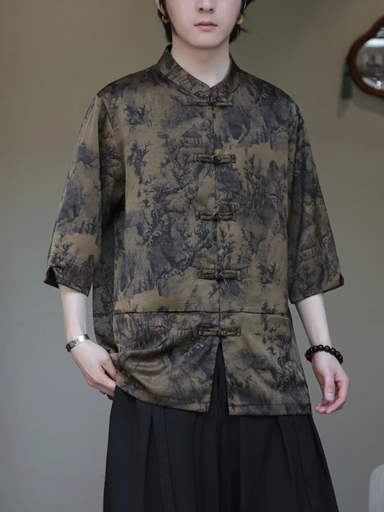 

Ice Silk ort Sve irt Men's Loose Fit Five Sve Tang Sle Reformed Hanfu Dao Pao New Chinese Sle Upper Body Summer