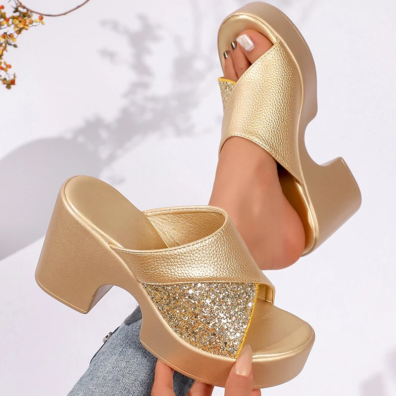 Glänzende Pailletten Gold Chunky Plateau-Sandalen für Damen 2026 Sommer Patchwork High Heel Sandalen Damen Slip-on Schuhe mit Dicken Absätzen für Partys