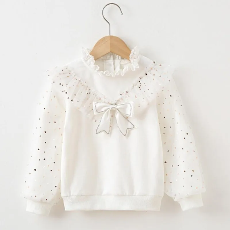 White Bow Lace Long Sleeve Shirts Kids Pullover Tops Children Clothes 3-12 Years Spring Autumn Toddler Teen Girls Cotton Blouse