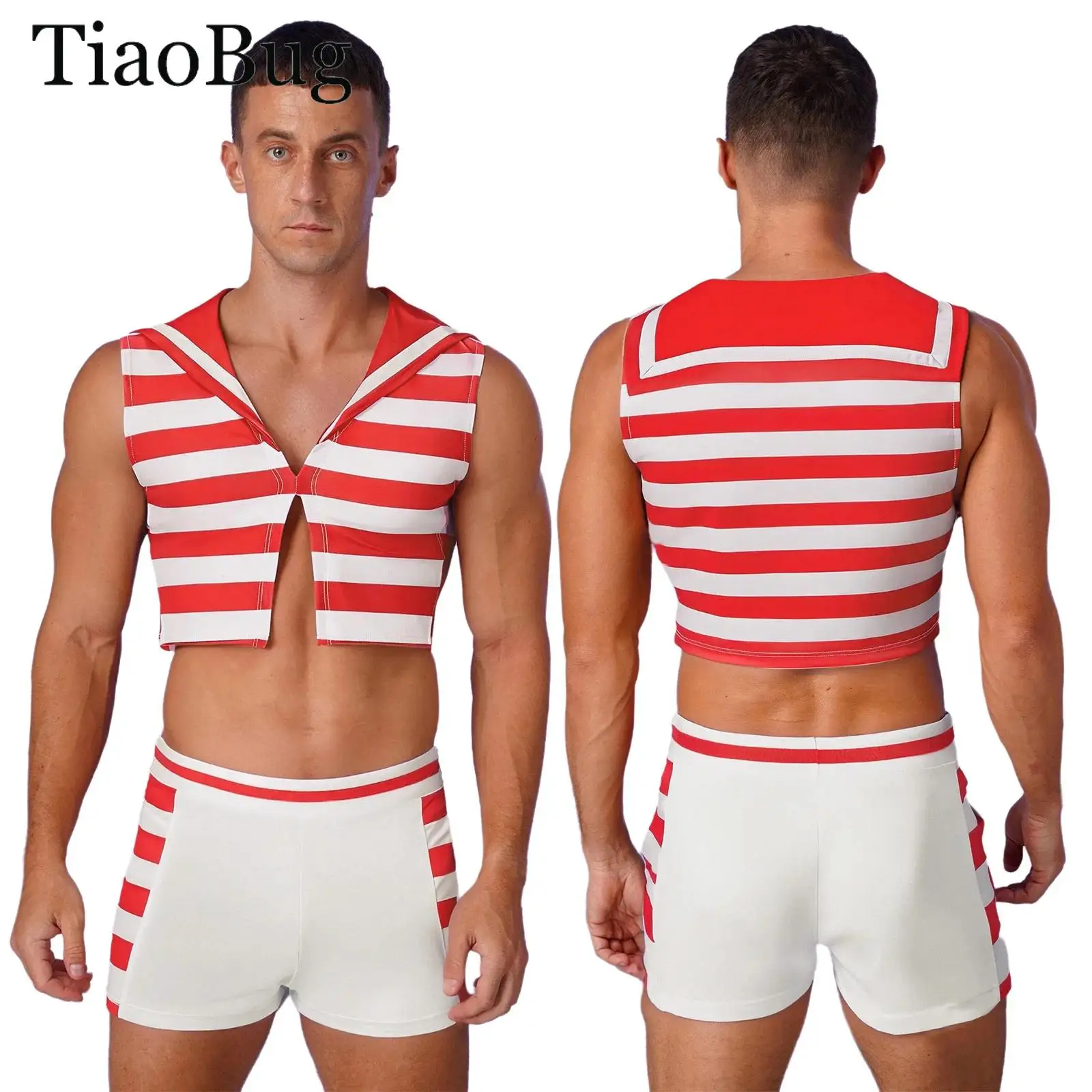

Adult Men Cosplay Navy Sailor Costumes Halloween Navy Uniform Outfits Sleeveless Crop Tank Tops with Boxer Shorts Fancy Dress Up