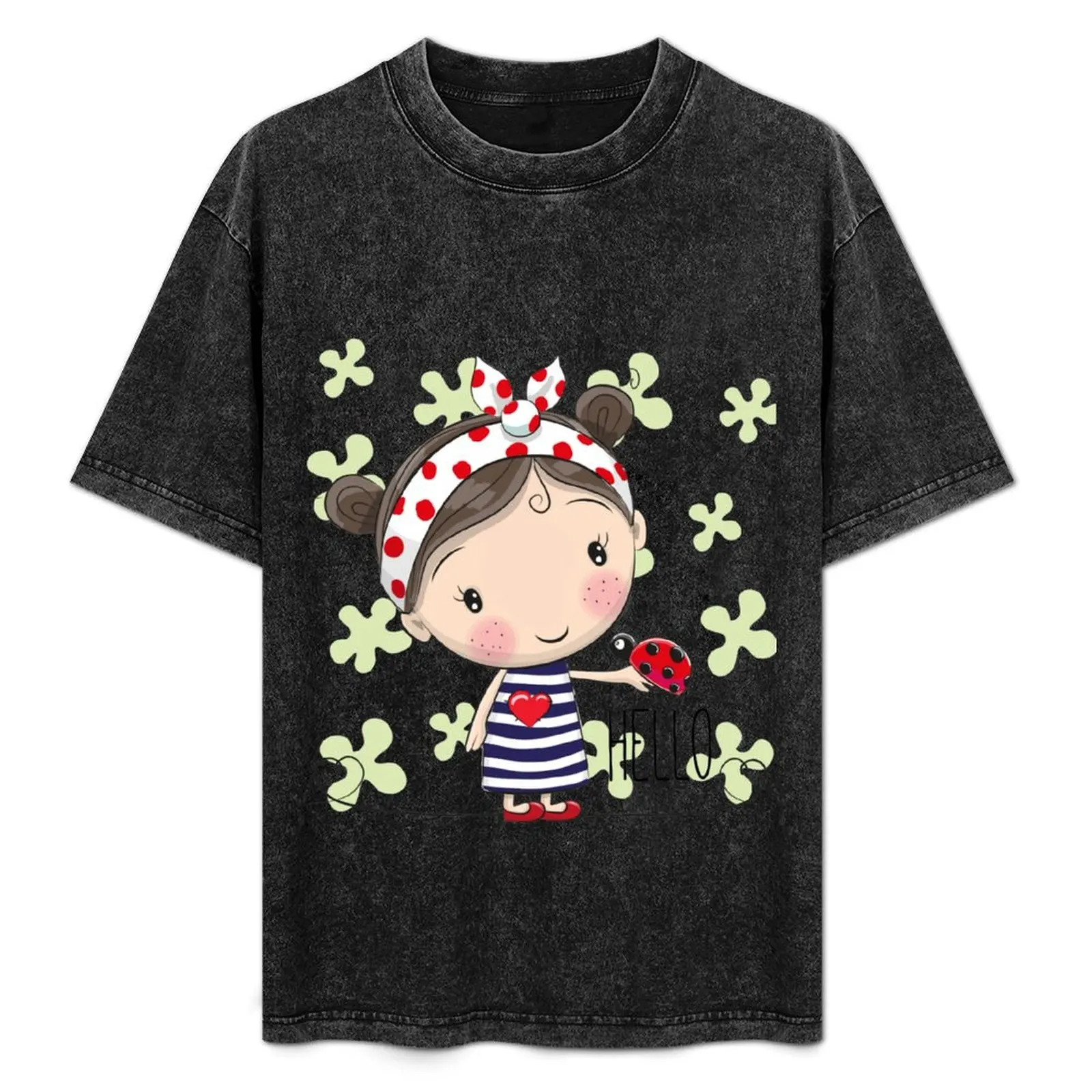 Cartoon Girl with a bow and ladybug T-Shirt funny gifts custom t shirt graphic shirts fruit of the loom mens t shirts