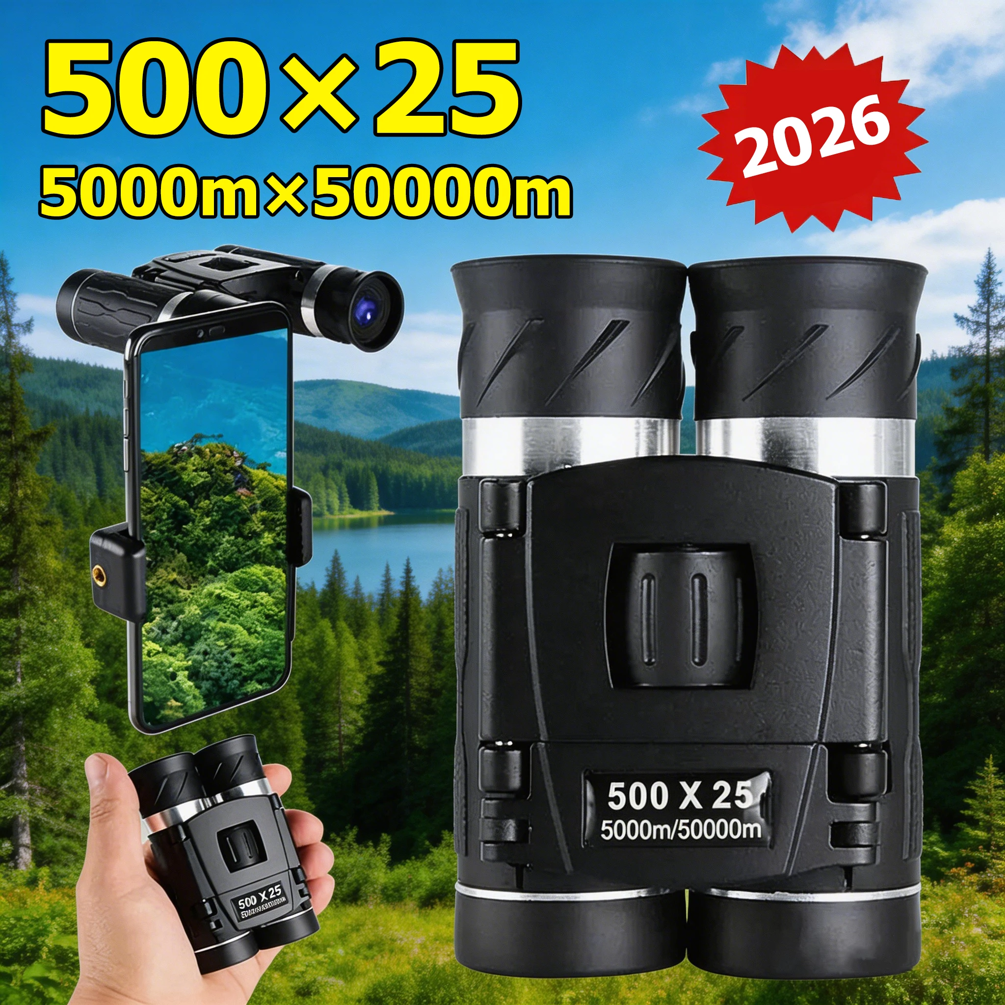 500X25 High Power Binoculars 5000M Long Range Compact Straight Telescope for Outdoor Photography Portable Mini Binoculars