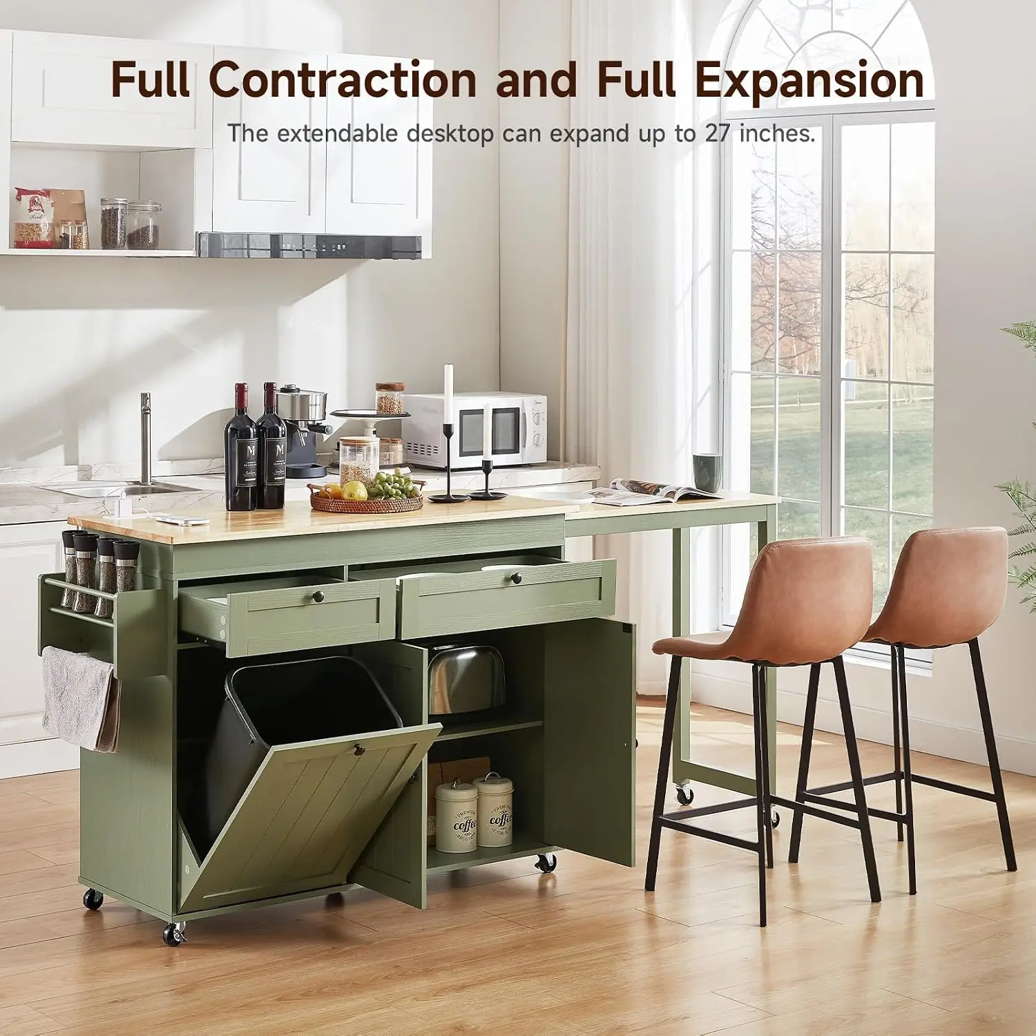 Kitchen Islands with Extendable Dining Table, Mobile Storage Islands, Green | 81.7" Rolling Kitchen Cart with Trash Cabinet, Pow image 6