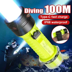 IP68 Professional Diving Flashlight Type-C USB Rechargeable Dive Led Lantern Underwater Lamp with Wristband Diving 100M Torch