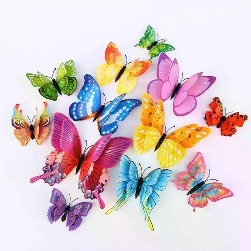 12Pcs 3D Butterfly Wall Stickers Double Layer Colorful PVC Decals For Wedding Party Home Refrigerator DIY Decor
